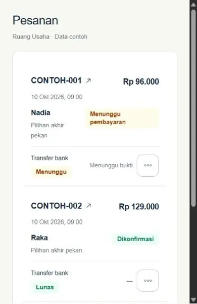 Kartu pesanan MITARA pada ponsel dengan nama pelanggan, nominal, dan status.