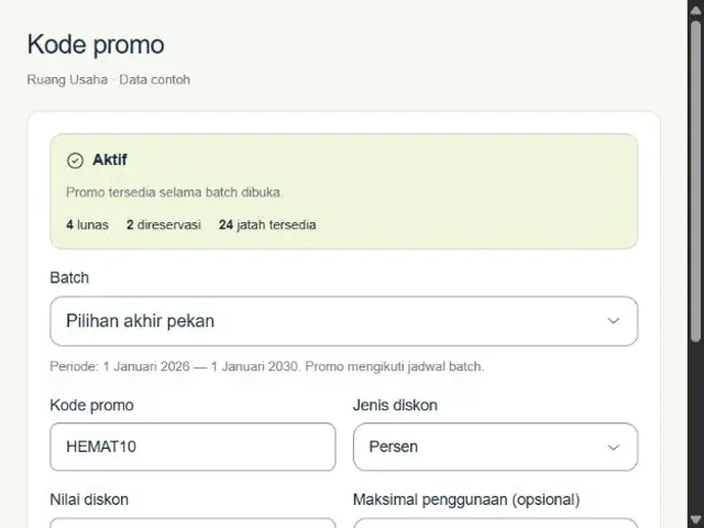 Pengaturan kode promo HEMAT10, periode batch, dan batas penggunaan.